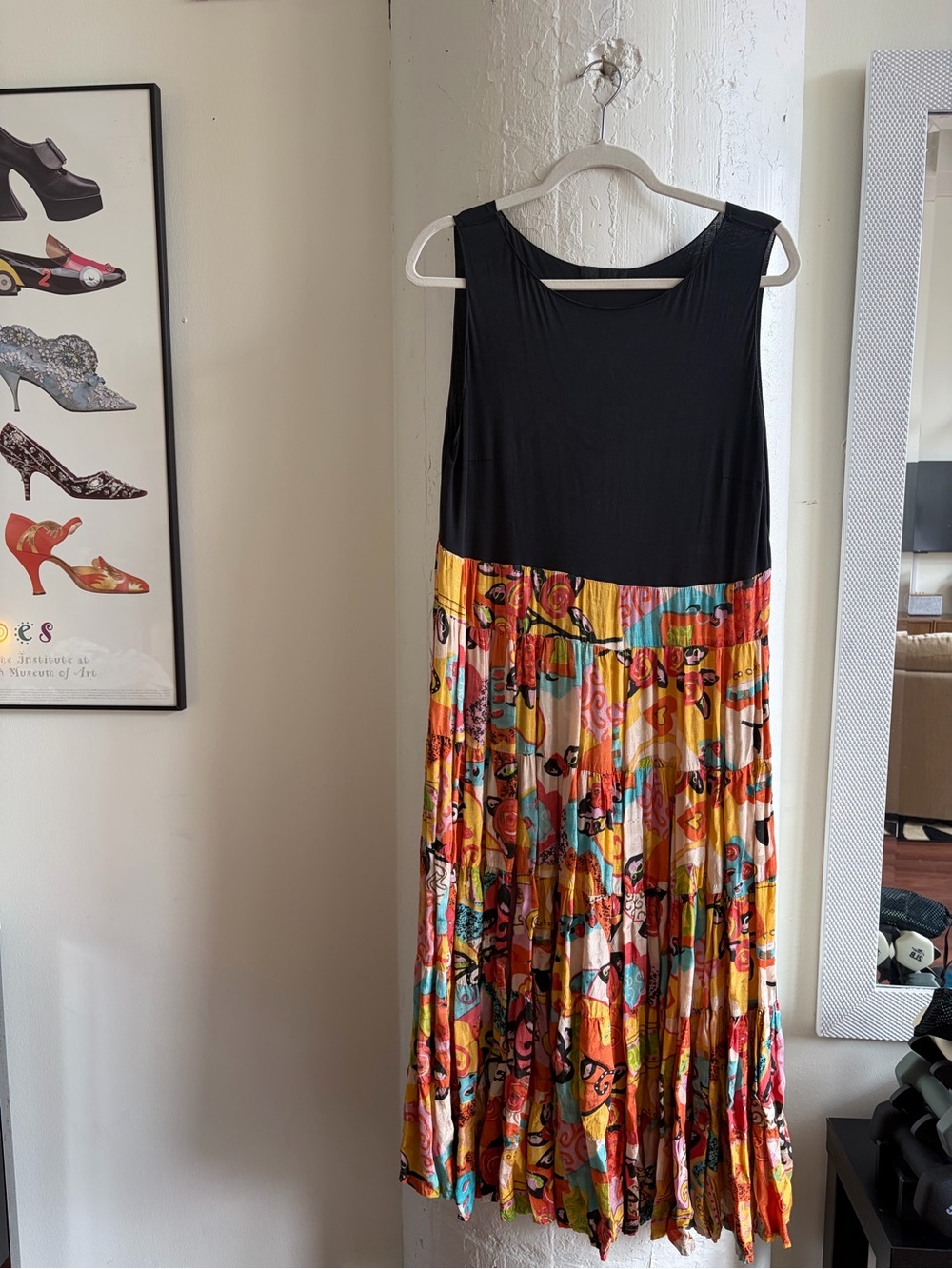 Sleeveless Black Top Multicolor Patchwork Floral Pleated Midi/Maxi Dress